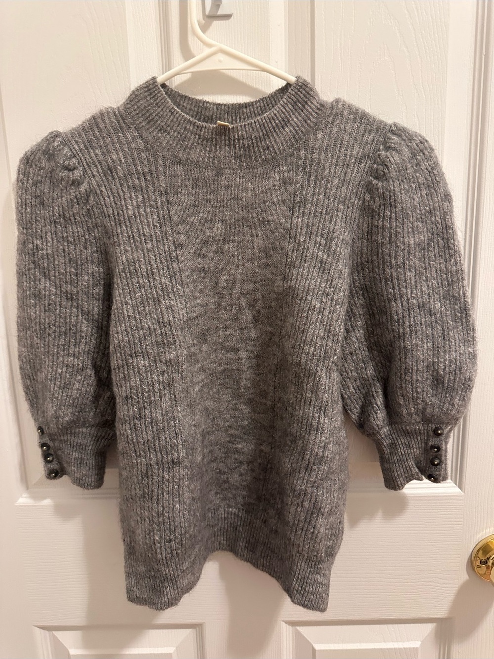 Sezane Gray Ribbed Puff-Sleeve Turtleneck Sweater